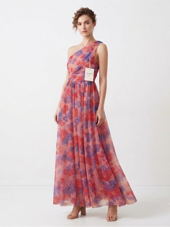 Naya Dresses & Skirts - Anaya with love recycled floral One-Shoulder Midi Dress in Pink/Orange Size 2/XS
